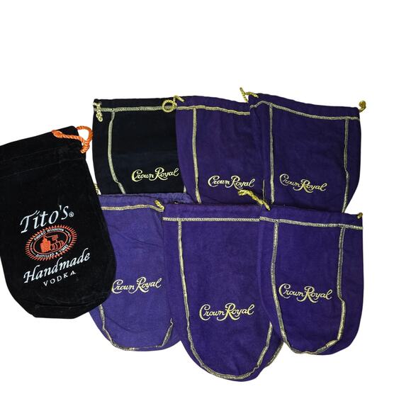 Lot of 6 Various Sizes Crown Royal Bags Purple Gold, 1 Black Titos Vodka Bag - Picture 1 of 6